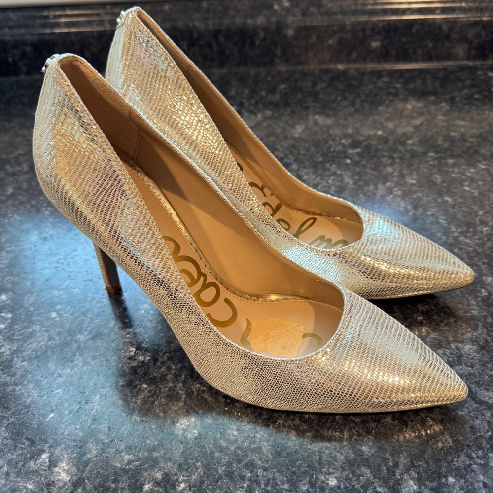 Sam Edelman Hazel Gold Metallic Lizard Embossed Pointed Toe Pumps Heels Size 8